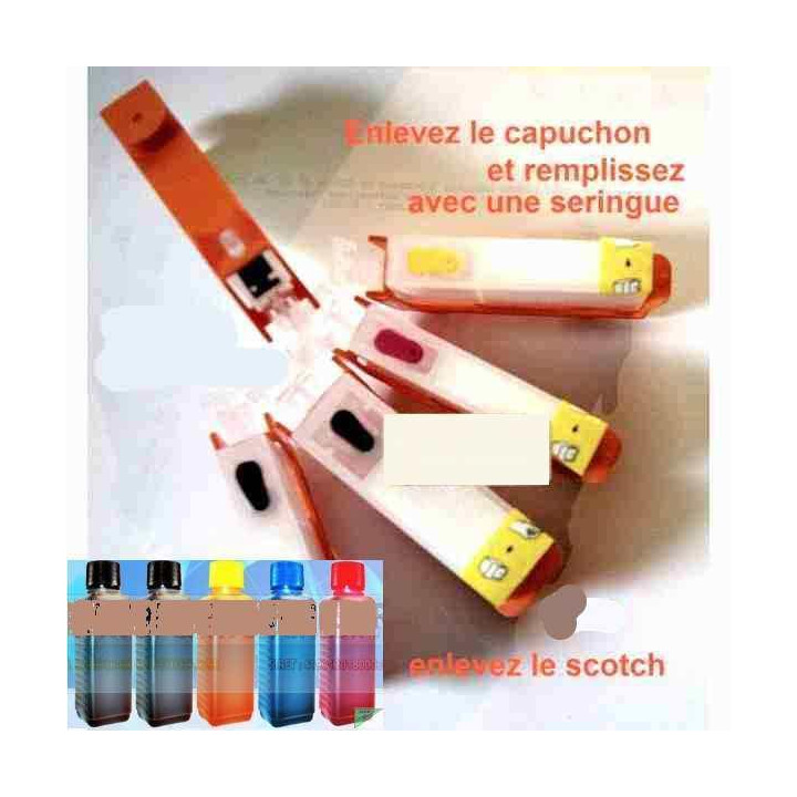 PGI 5, CLI8: Kit 600ml + 5 cartouches vides à remplir avec puces autoresett