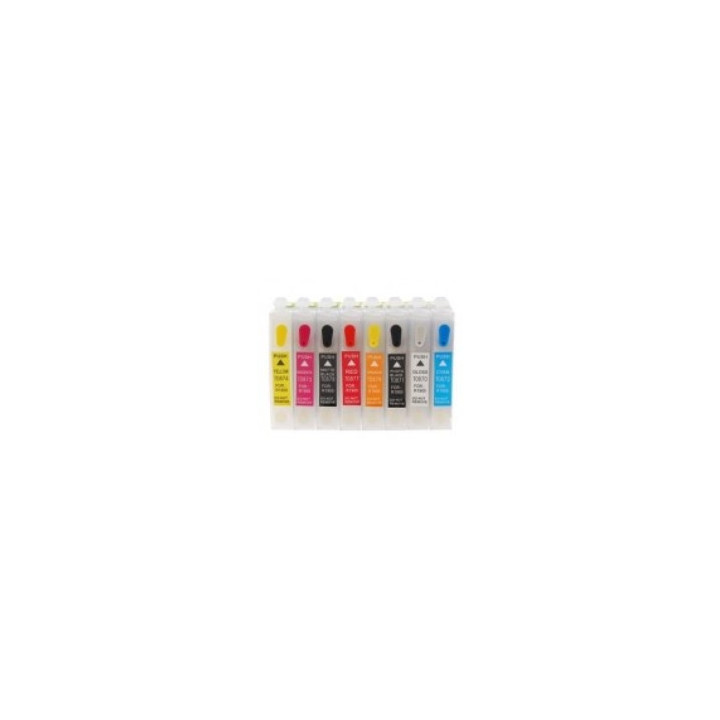 T0870 to 879 series: 8 empty refillable ink cartridges with auto-reset chip