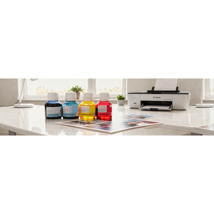 Encreurs colorés Sudhaus pour Canon G3500: cinq flacons de 100 ml (noir, cyan, jaune, magenta) alignés sur une table près d’une