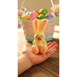 Lapin de Pâques souriant en chocolat posé sur une main, avec un panier pastel d’œufs colorés en arrière-plan.