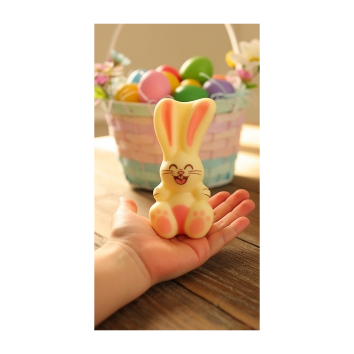 Lapin de Pâques souriant en chocolat posé sur une main, avec un panier pastel d’œufs colorés en arrière-plan.