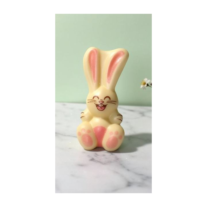 Lapin de Pâques souriant en chocolat, beige avec oreilles rose et pattes roses, assis sur marbre. (Lapin chocolatier, thème Pâqu