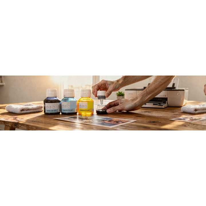 Ensemble de bouteilles d’encre couleur (cyan, bleu clair, jaune, noir) alignées sur une table en bois; une main verse une goutte