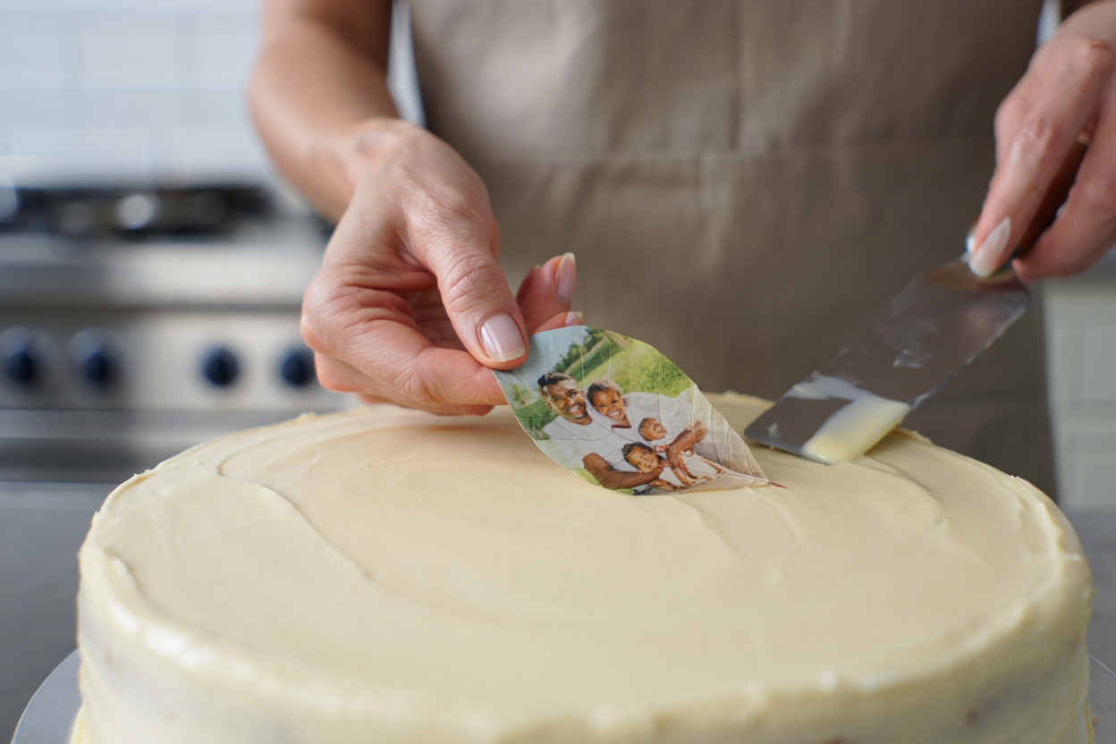 Application d'une photo comestible sur gâteau