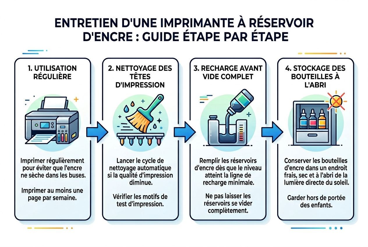ENTRETIEN D'UNE IMPRIMANTE À RÉSERVOIR D'ENCRE : guide étape par étape, affichage en quatre étapes illustrées. Utilisation régulière, nettoyage des têtes, recharge avant vide, et stockage des bouteilles à l'abri de la lumière. Imprimante pour encre liquide intégrée.