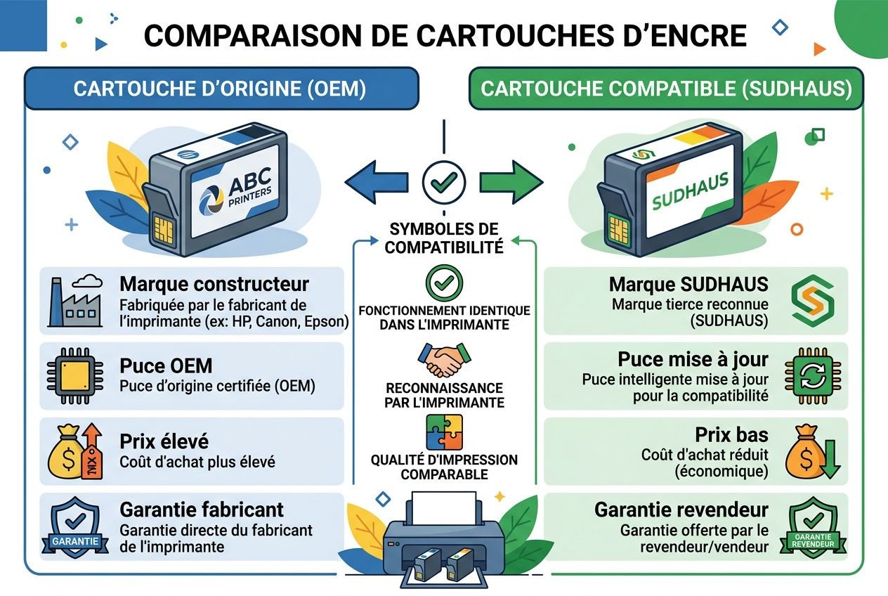 Comparaison visuelle entre cartouches d’encre d’origine (OEM) et compatibles (Sudhaus) avec critères: fabricant, puce OEM, prix élevé, garantie fabricant vs garantie revendeur.