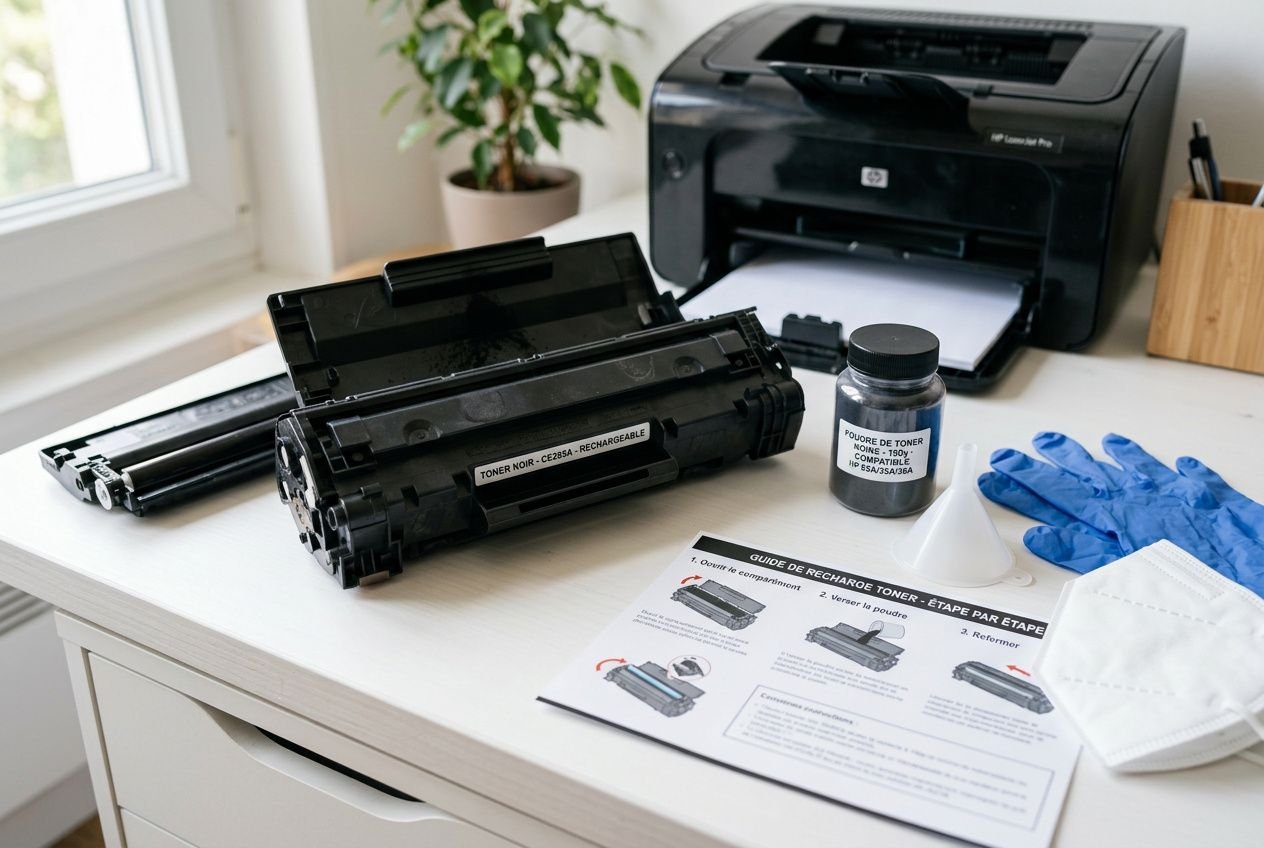 Kit de recharge toner imprimante et consommables sur un bureau, prêt pour la recharge de cartouche laser.