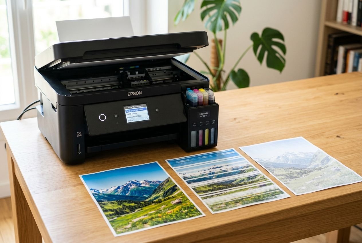 Impressionnante imprimante Epson EcoTank ET-2811 sur une table en bois avec trois photos imprimées à côté, montrant une tâche d’impression.