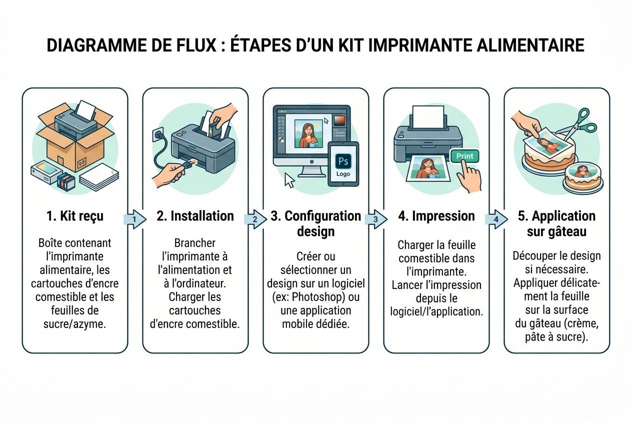 Diagramme de flux montrant les étapes d’un kit imprimante alimentaire: réception du kit, installation, configuration design, impression et application sur gâteau avec encre comestible. Imprimante spéciale pour gâteau.