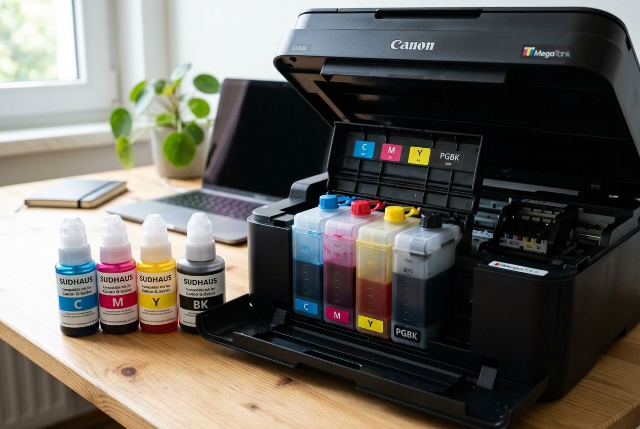 Imprimante Canon avec réservoirs d’encre colorés et bouteilles d’encres SUDAHAUS en avant, prête à imprimer. encre imprimante origine ou compatible.