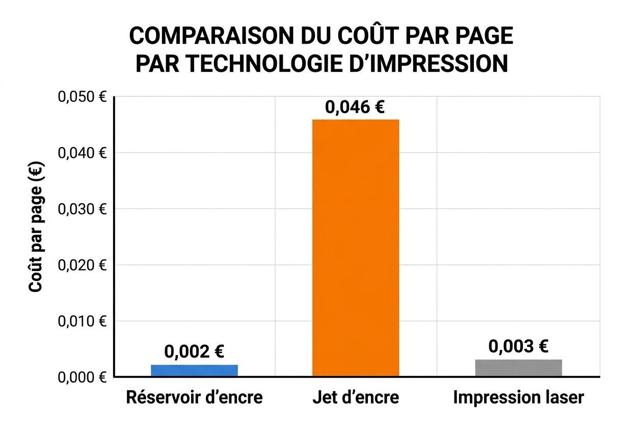 Comparaison du coût par page par technologie d’impression: réservoir d’encre, jet d’encre et impression laser, avec coûts respectifs en euro. Imprimante pour encre liquide.