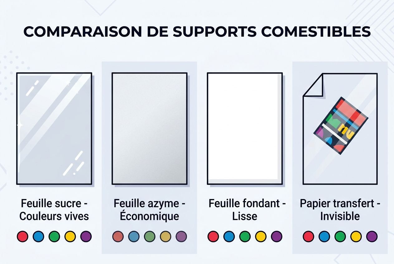 Comparaison de supports comestibles montrant des options: feuille sucre vibrante, feuille azymée économique, feuille fondant lisse et papier transfert invisible pour imprimante spéciale pour gâteau.