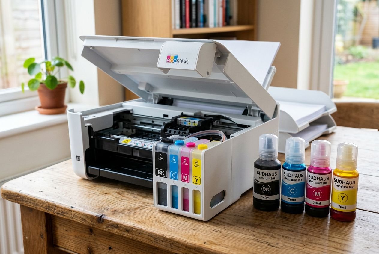 Imprimante à réservoir d'encre ouverte sur une table, cartouches colorées visibles et bouteilles d’encre supplémentaires à côté. imprimante pour encre liquide adaptée au guide.