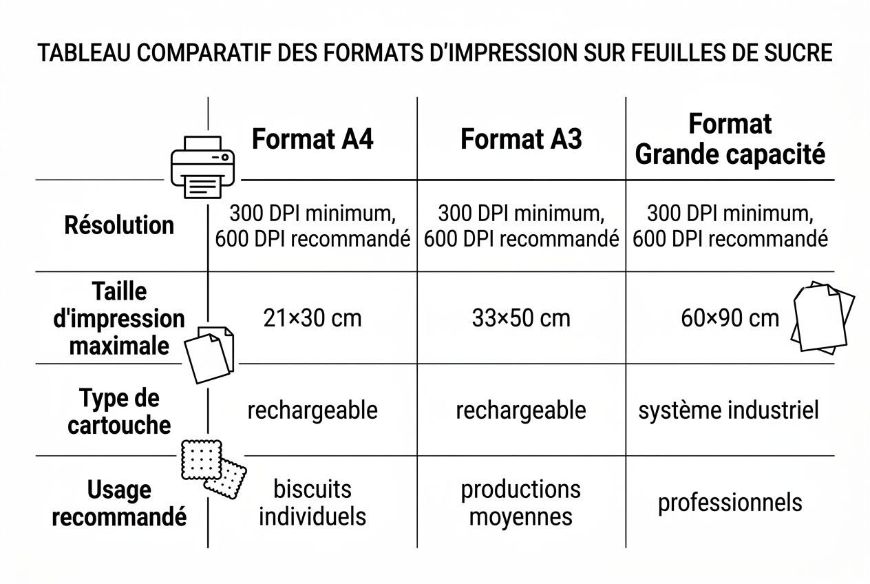 Tableau comparatif des formats d’impression sur feuilles de sucre: A4, A3 et format grande capacité, avec résolution 300 DPI, taille maximale 21×30 cm, 33×50 cm et 60×90 cm, cartouches rechargeables ou système industriel, usages biscuit individuel, production moyenne ou professionnelle. iml imprimante pour imprimer biscuits.