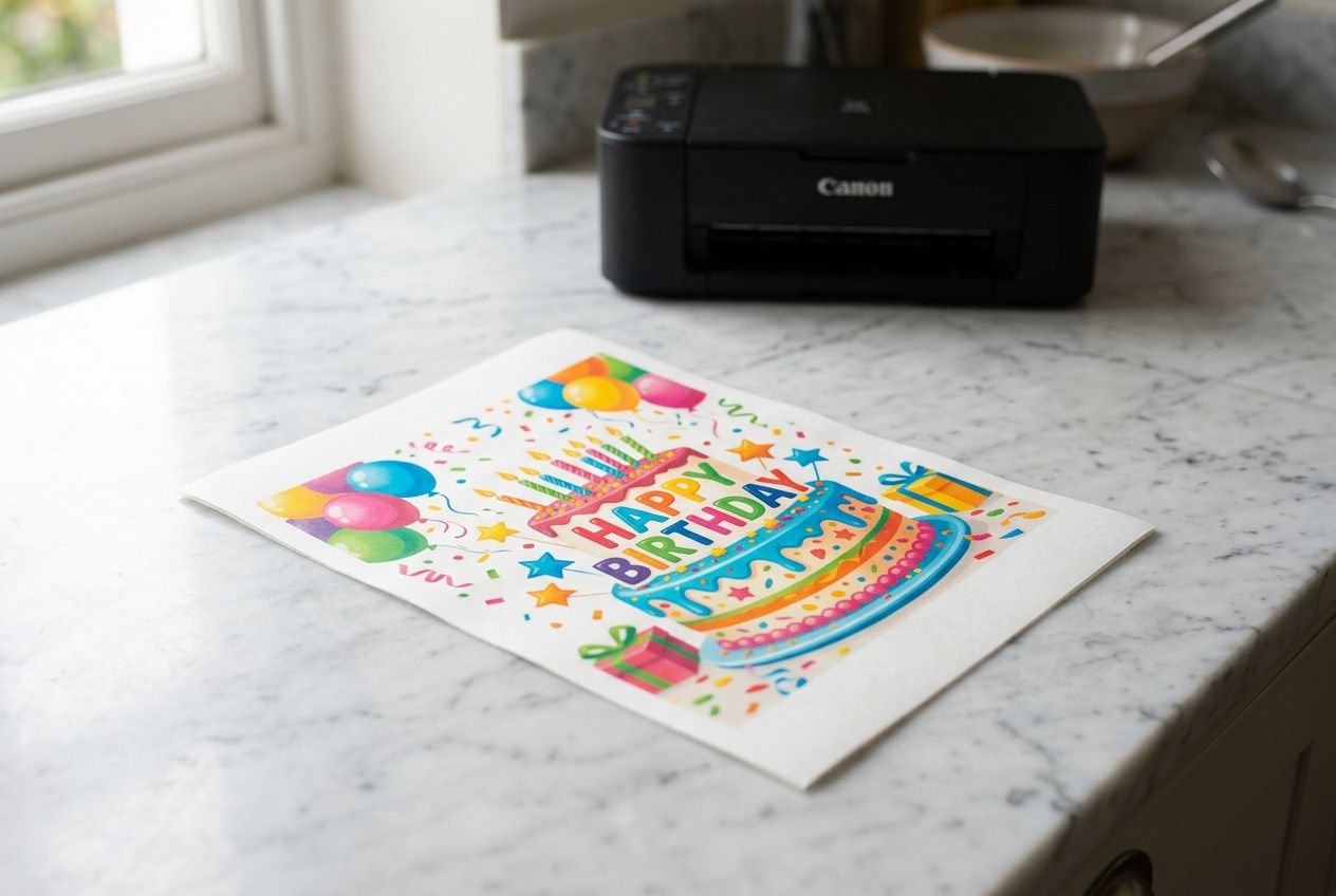 Carte imprimée comestible joyeuse sur le comptoir, près d'une imprimante Canon; motif “Happy Birthday” sur sucre imprimé. Qu'est-ce que le papier comestible imprimable.