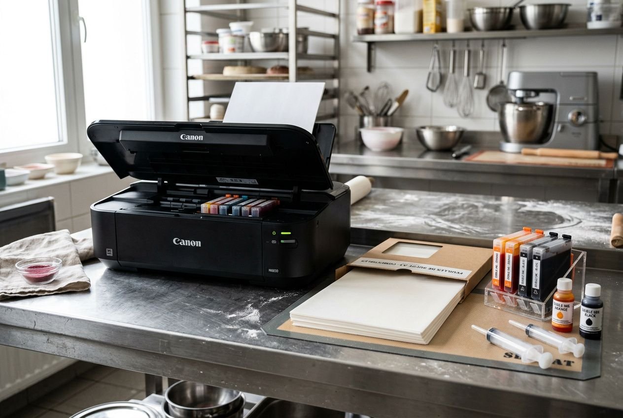 Canon imprimante spéciale pour gâteau sur un plan de travail, encres comestibles et papier alimentaire à proximité.