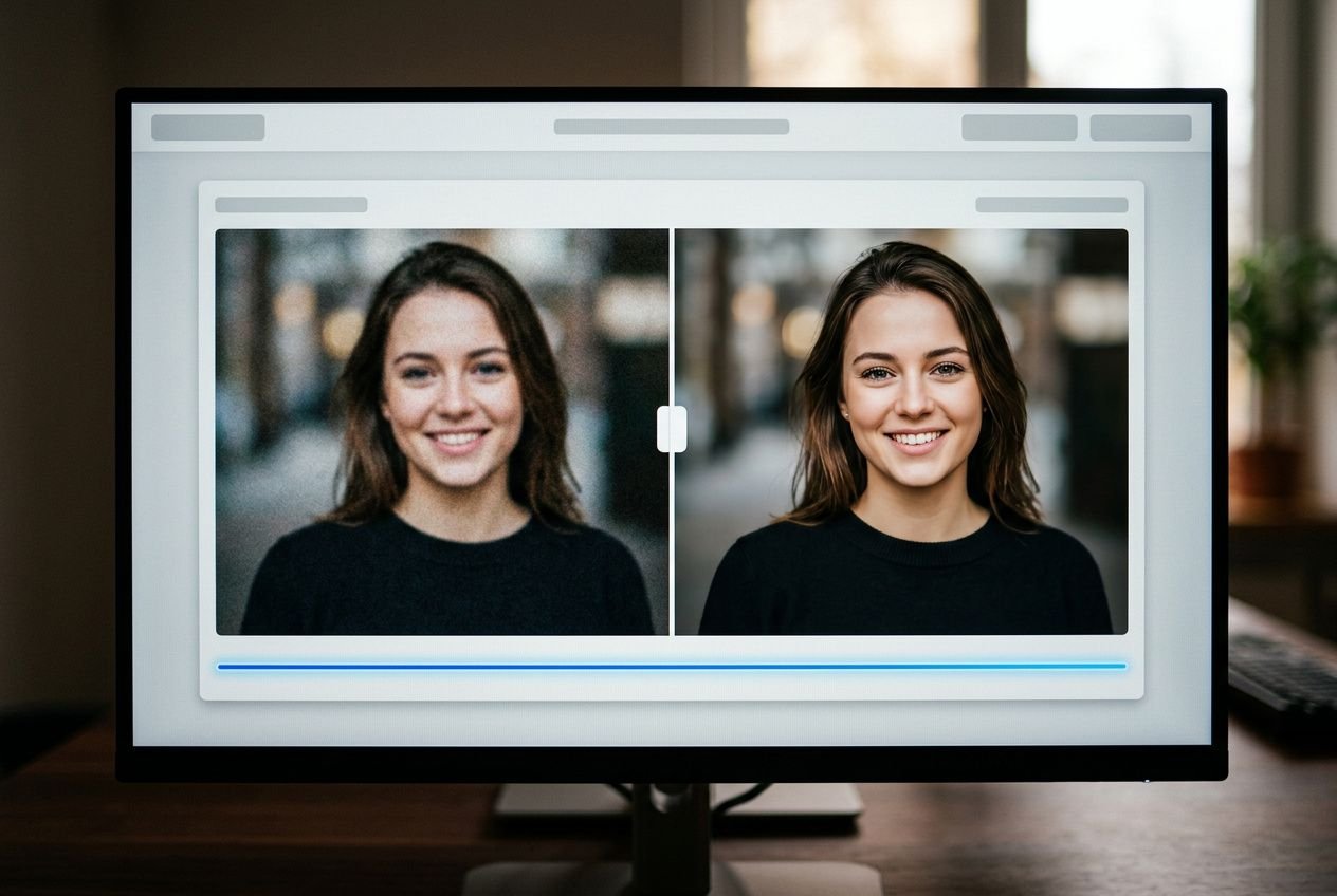 Comparaison avant/après d'une photo portrait en ligne montrant une jeune femme souriante sous une interface d’édition améliorant la netteté et la clarté. Améliorer qualité image en ligne.