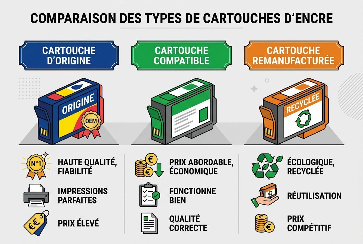 Comparaison des types de cartouches d'encre: origine, cartouche compatible et remanufacturée, avec étiquettes et icônes. encre mettre dans son imprimante.