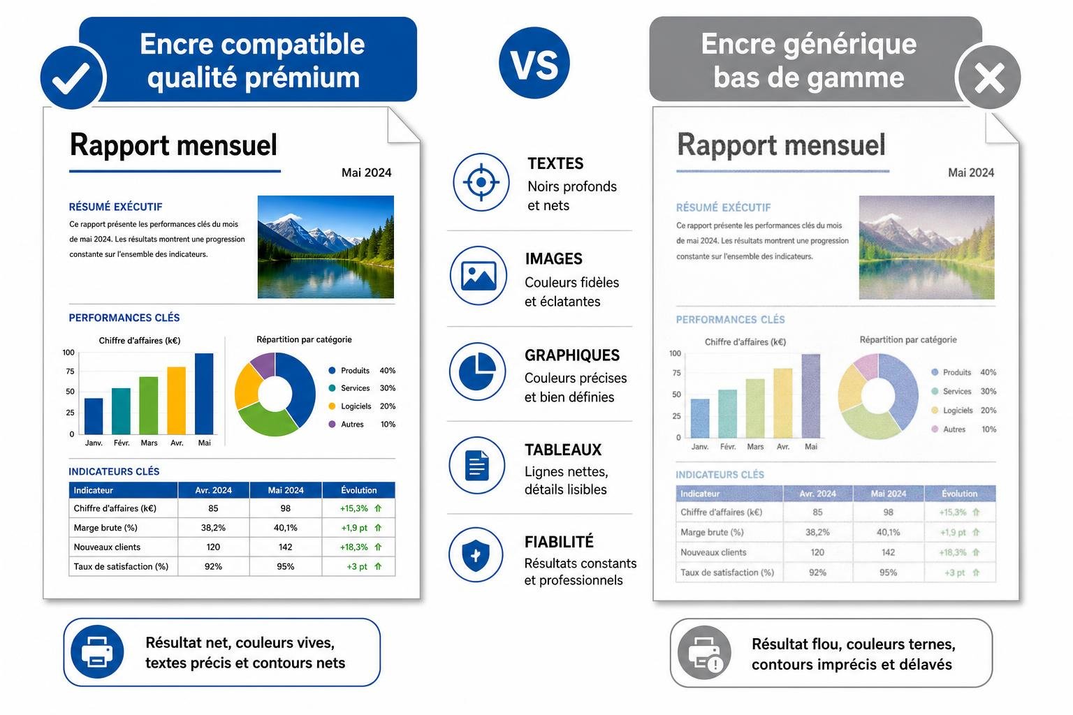 Comparatif: encre compatible hp premium vs générique bas de gamme, avec graphiques, rapports mensuels et icônes, montrant résultats nets et couleurs vivaces. meilleur marque cartouche compatible hp intégré.
