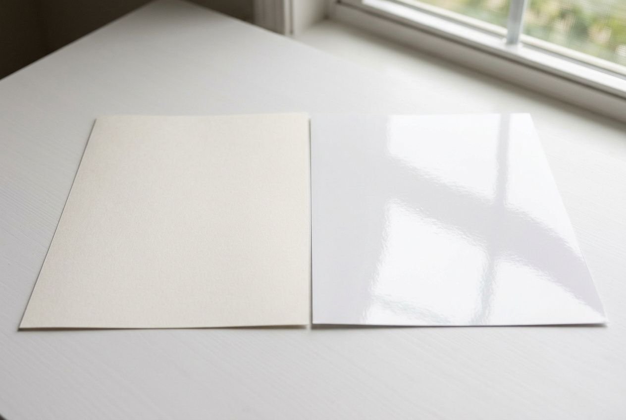 Deux cartes postales ou papeterie: une mate beige et une brillante blanche posées sur une table près d’une fenêtre. Comment améliorer qualité impression photos.