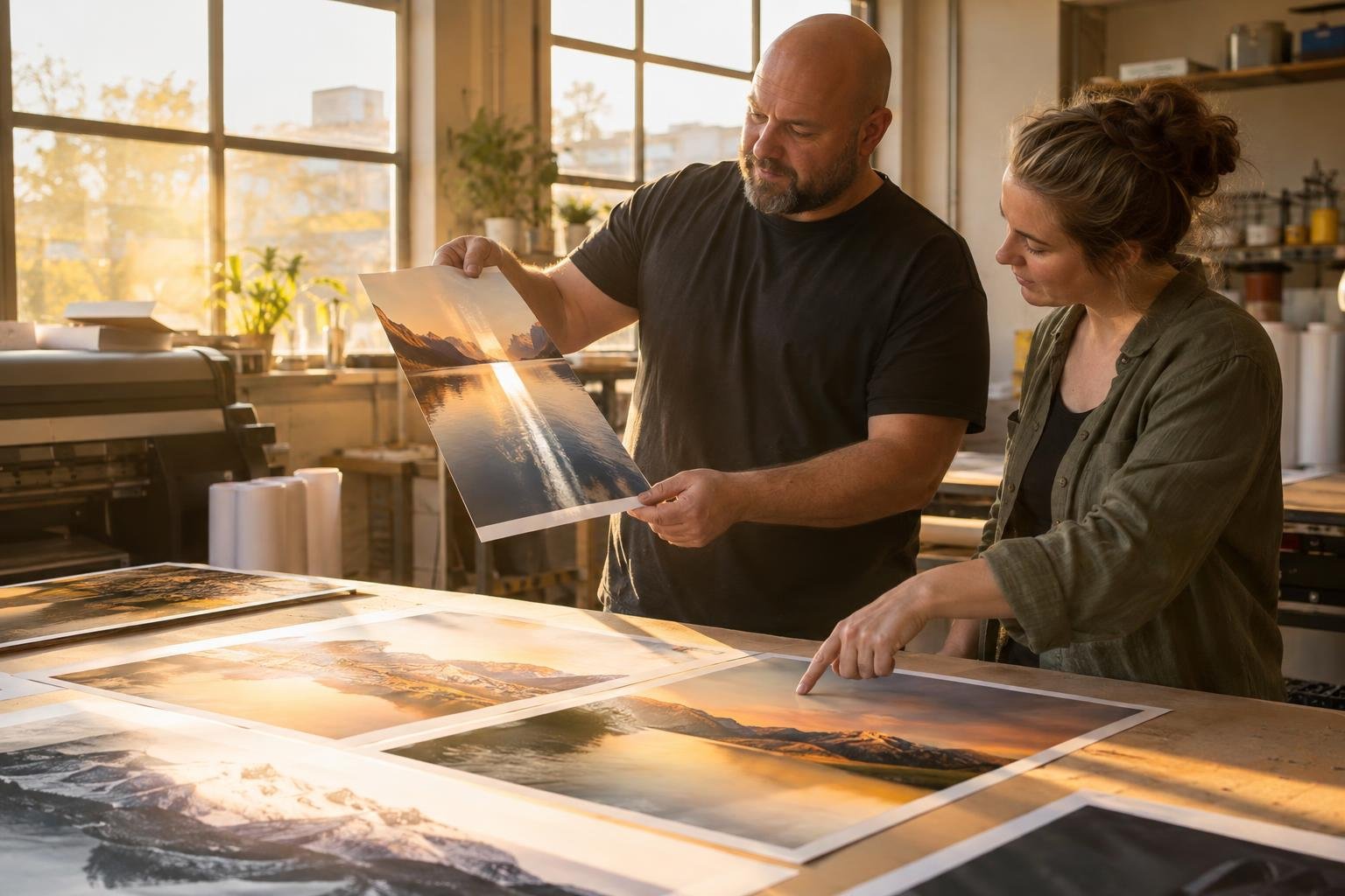 Deux personnes examinent des tirages photo sur une table lumineuse dans un atelier.