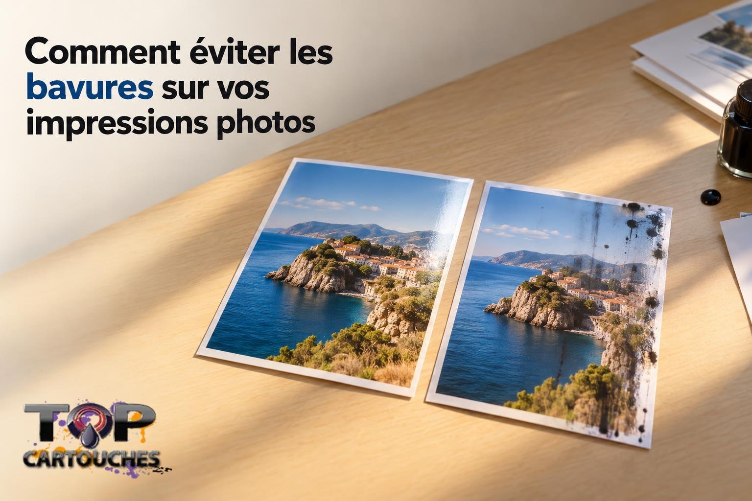 Deux photos imprimées d’un même paysage côtier posées sur une table, montrant une bavure sur l’une d’elles.