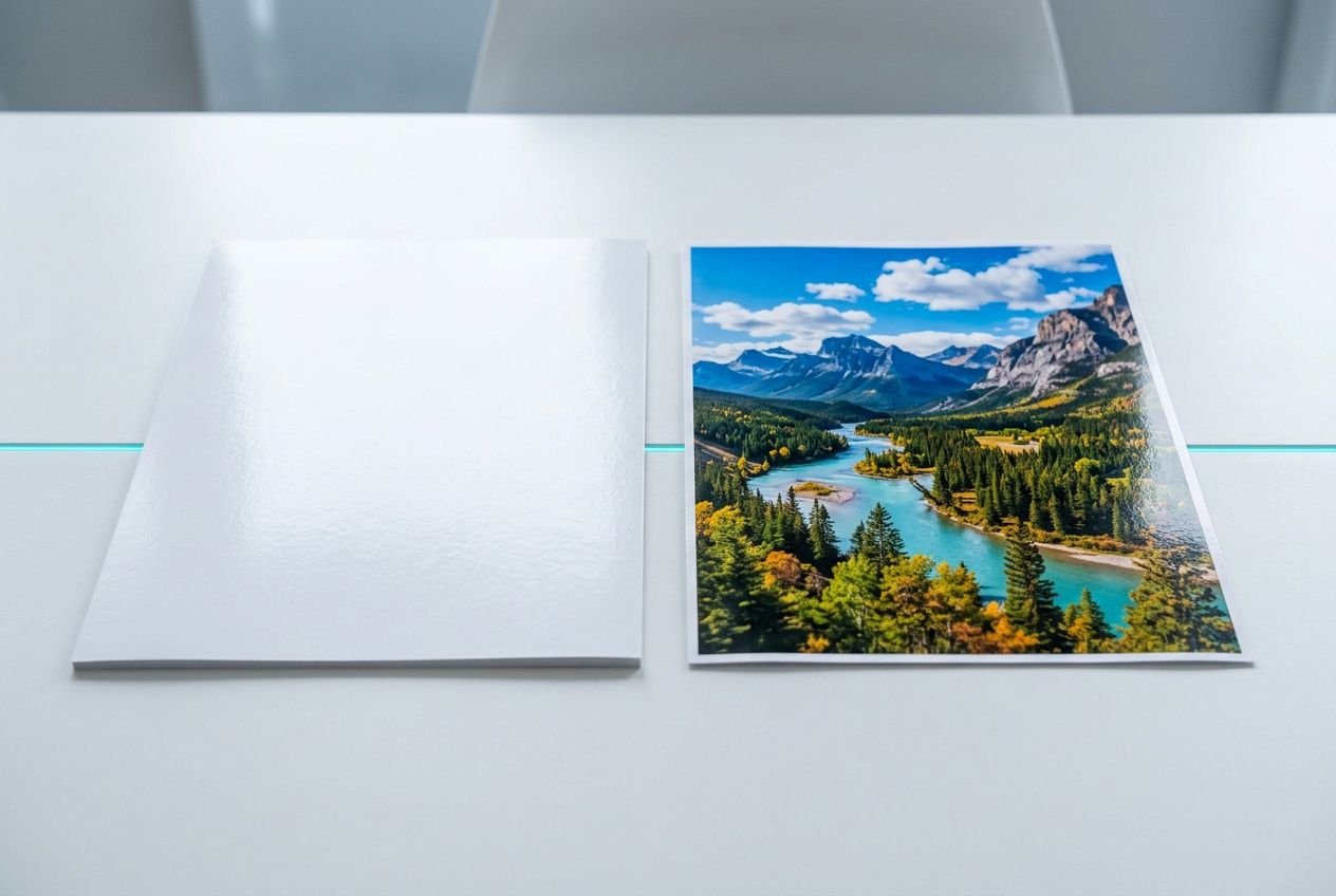Deux photos imprimées sur papier, l’une blanche et l’autre montrant un paysage de montagne avec lac et forêts. intègre le mot-clé: améliorer qualité image en ligne.