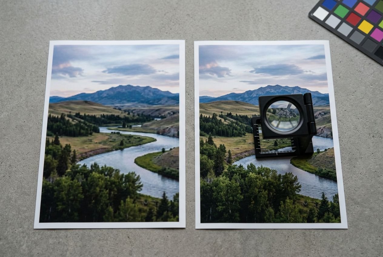 Deux tirages photo paysage montrant une rivière serpentant entre collines et montagnes; à droite, un appareil de prise de vue posé sur l’image. Améliorer la qualité d'une photo pour impression.