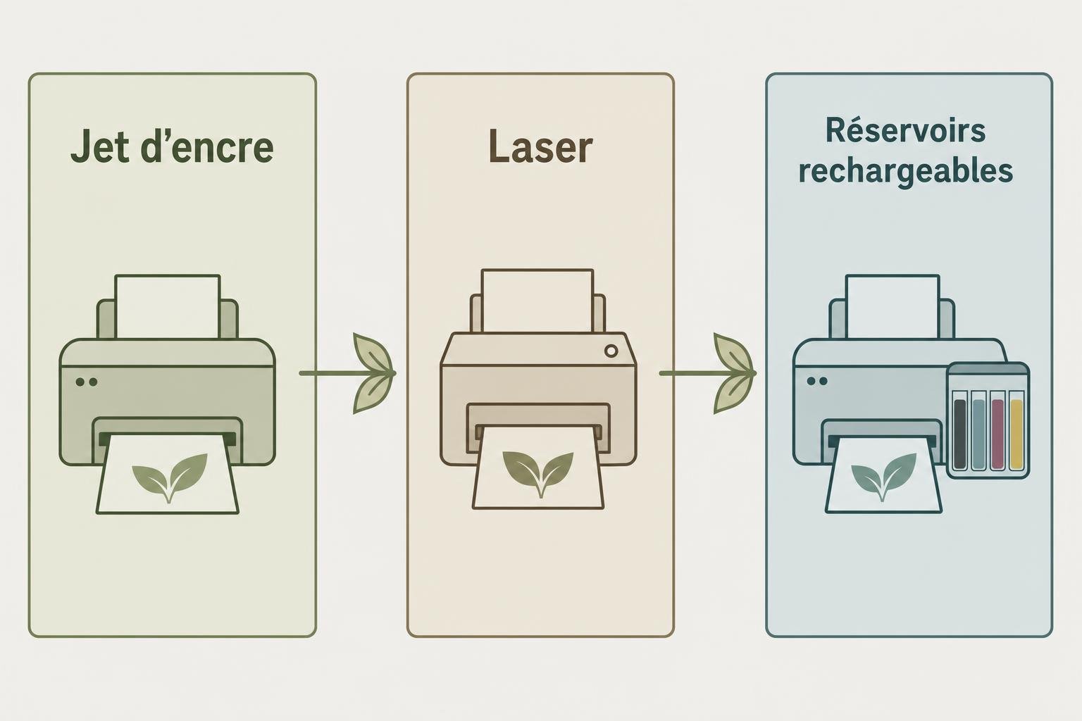 Diagramme montrant trois modules: Jet d’encre, Laser et Réservoirs rechargeables, chacun imprimant une feuille.