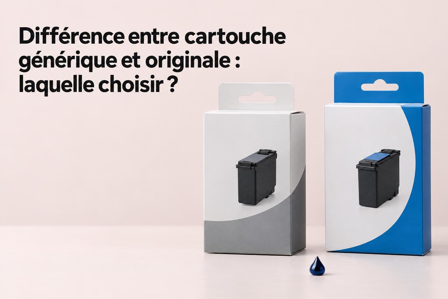 Différence entre cartouche générique et originale : laquelle choisir ? deux cartouches d’encre paraissent, l’une grise et l’autre bleue, sur fond clair. diffère par l’étiquette et le packaging. différence encre générique et originale.