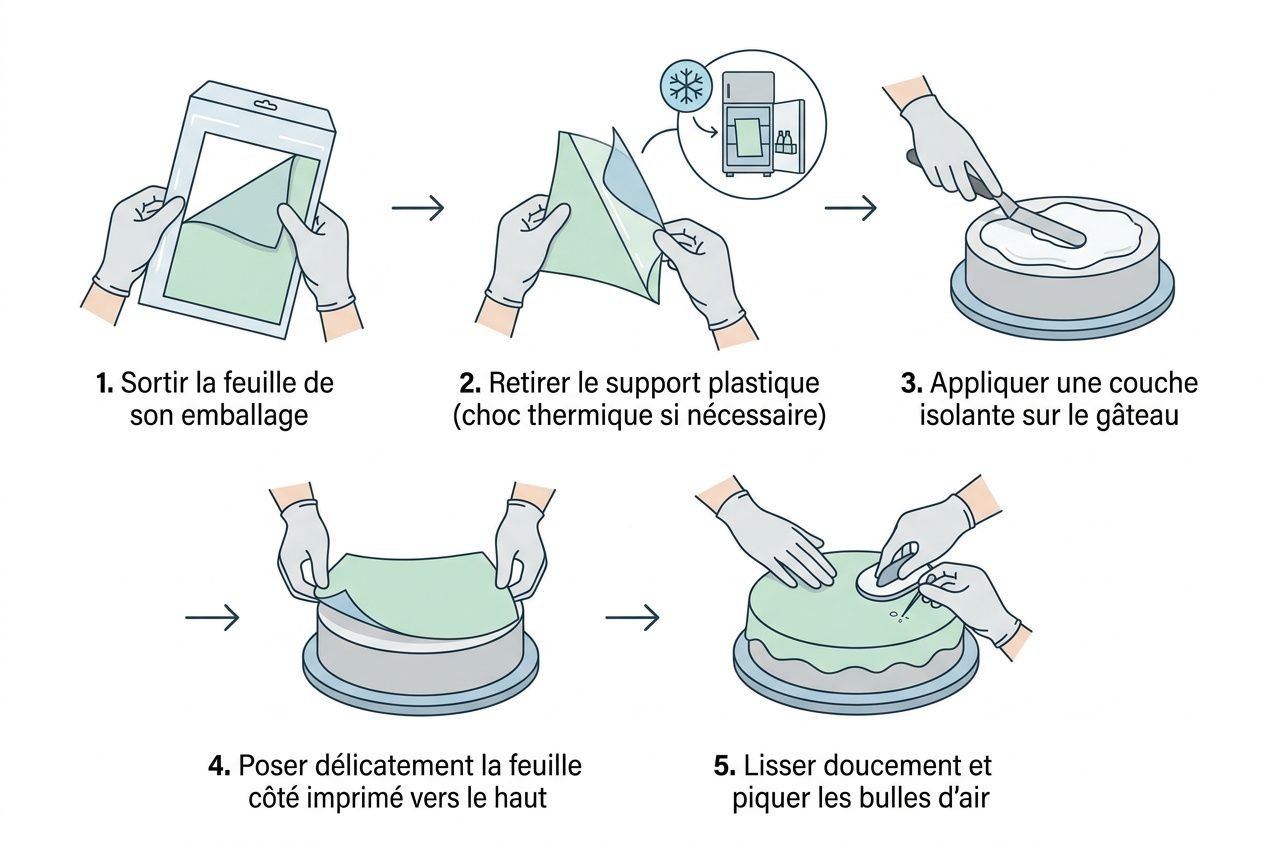 Différence feuilles de sucre et d'azyme : diagramme étape par étape pour poser et lisser une feuille imprimée sur gâteau, puis décoller les bulles d’air.