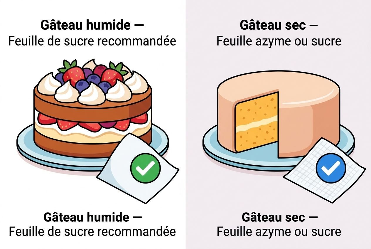 Différence feuilles de sucre et d'azyme : gâteau humide recommandé avec feuilletage et feuille indiquant choix; gâteau sec avec feuille azymes ou sucre.