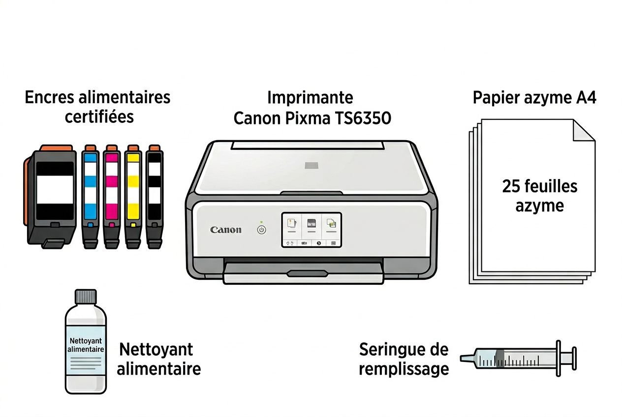 Imprimante Canon Pixma TS6350 entourée d’encres, papier A4 et accessoires: nettoyant alimentaire, seringue de remplissage et biscuits imprimables. (imprimante pour imprimer biscuits)
