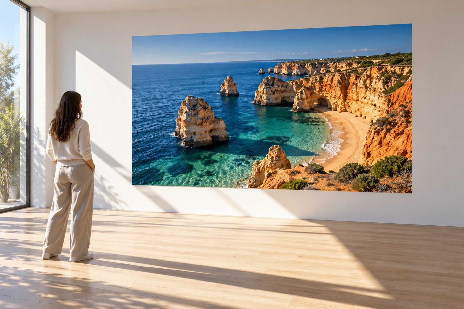 Une femme regarde une grande photographie de paysage côtier affichée sur un mur blanc dans une pièce lumineuse.