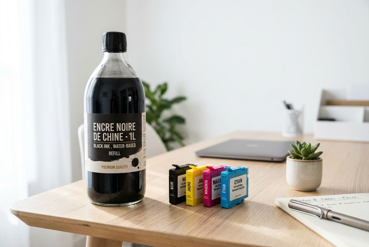 Flacon d’encre noire de Chine d’un litre sur un bureau, accompagné de petits cartouches couleur et d’un carnet. d'un litre d'encre d'imprimante