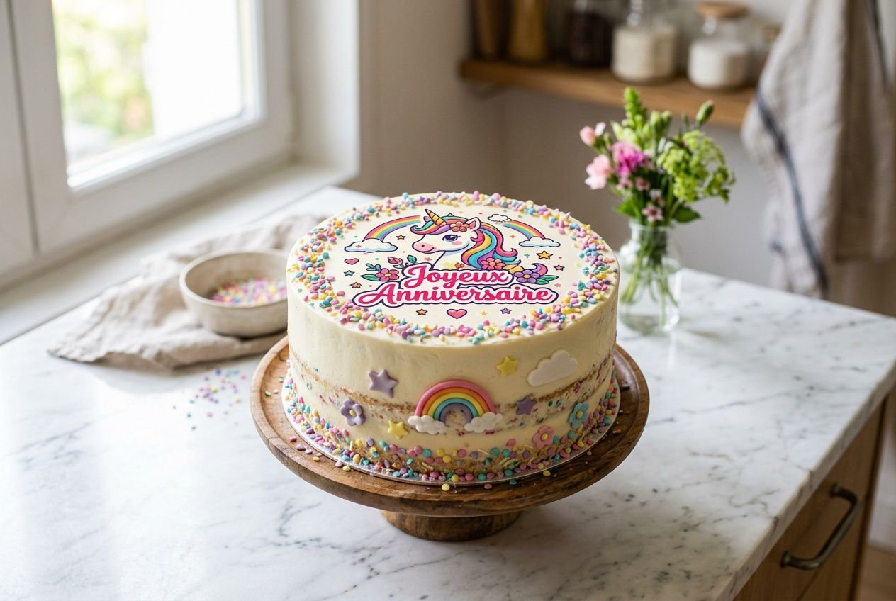 Gâteau d’anniversaire décoré avec une feuille de sucre comestible imprimée « Joyeux Anniversaire », sur le dessus, entouré de confettis colorés et d’un arc-en-ciel pastel; gâteau sur socle en bois près d’une fenêtre.