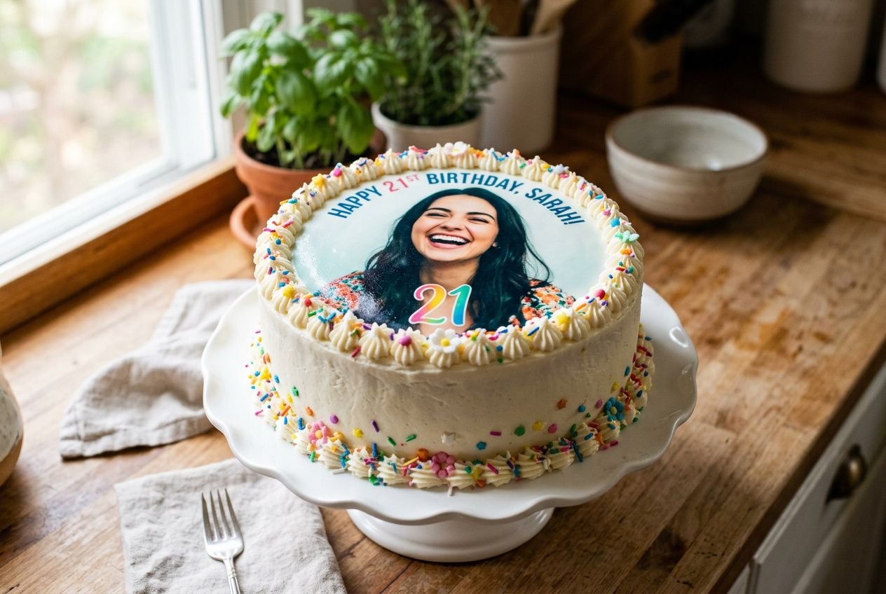 Gâteau d’anniversaire décoré avec une feuille sucre impression gâteau affichant une photo de femme et le chiffre 21, sur gâteau crème et décorations colorées.
