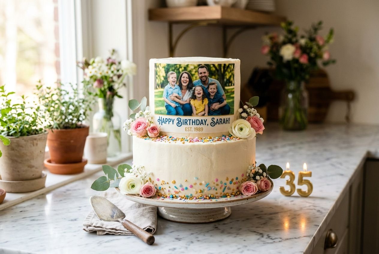 Gâteau d’anniversaire décoré avec une image imprimée sur papier comestible pour gâteau personnalisé, entouré de fleurs et de bougies 35.