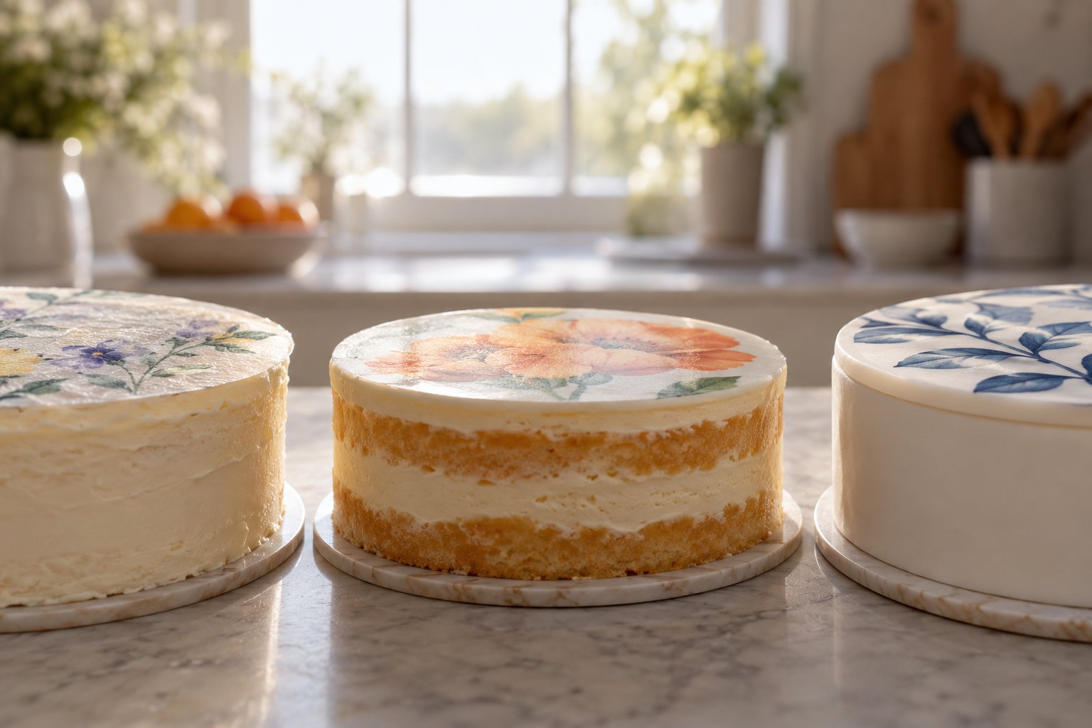 Gâteau décoré avec une feuille comestible imprimée sur le dessus de chaque gâteau rond posé sur le plan de travail.