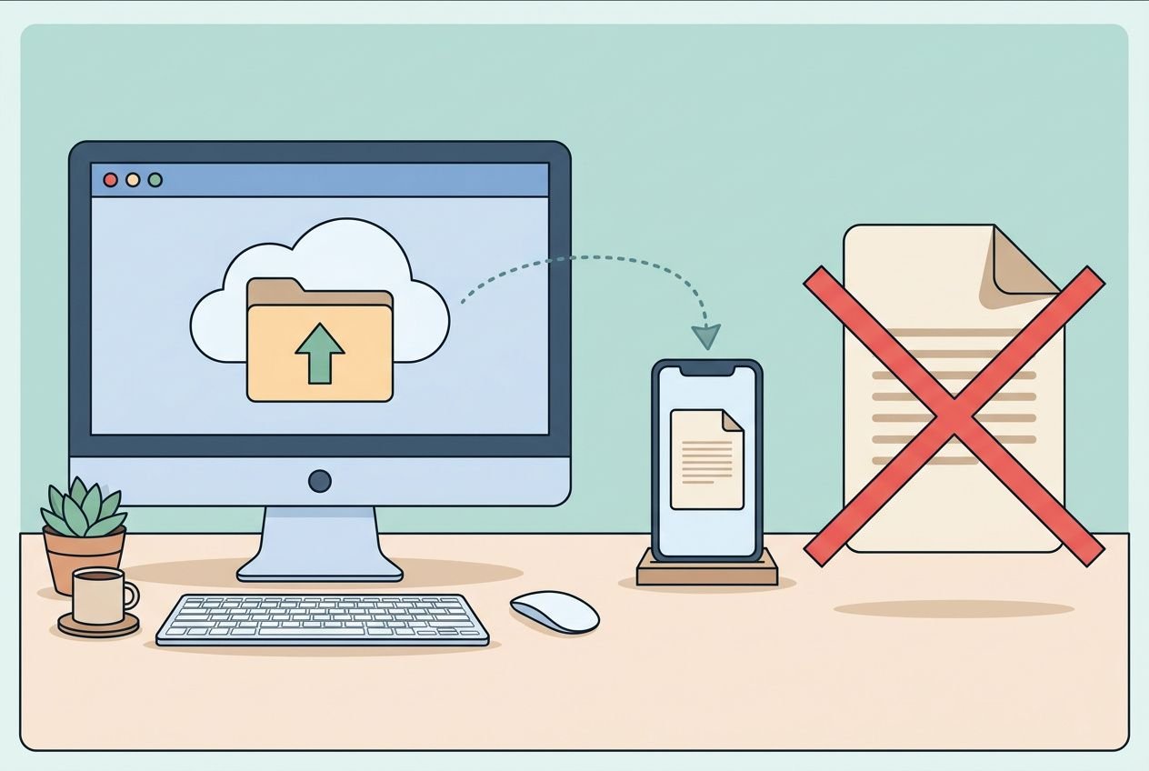 Illustration de bureau montrant une activité numérique pour économiser du papier au bureau : écran d’ordinateur avec dossier dans le cloud, casque smartphone synchronisé et document papier barré d’un grand X.