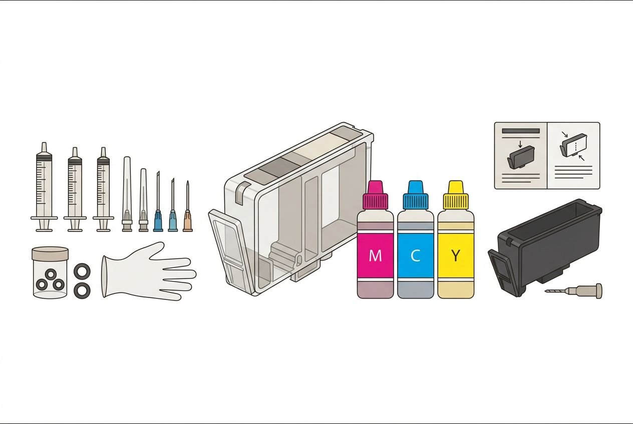 Illustration d’un kit d’encre et accessoires d’imprimante Canon, avec cartouches couleur M C Y, seringues, gants et notice d’installation pour économiser encre imprimante canon.