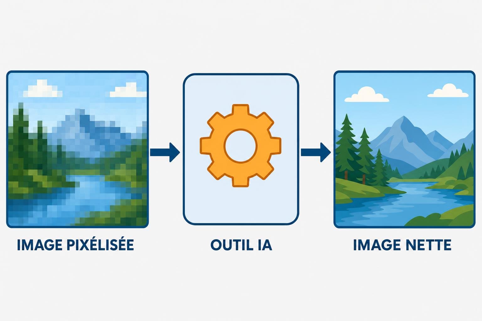 Image pixellisée → outil IA → image nette: amélioration de la qualité d'une photo pixelisée.