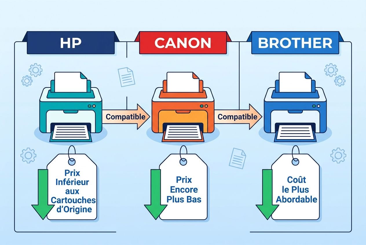 Impression couleur montrant trois imprimantes: HP, CANON, et BROTHER, avec flèches « Compatible » entre elles et étiquettes. Prix: cartouches d’origine moins cher, prix encore plus bas et coût le plus abordable. Inclut le thème « toner imprimante moins cher ».