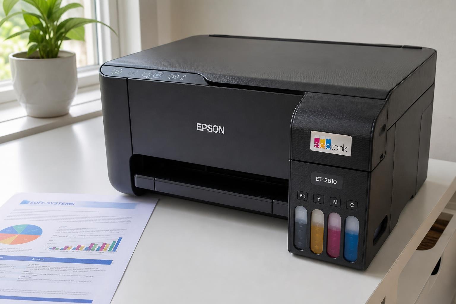 Imprimante Epson à réservoir d’encre noire sur bureau, cartouches couleur visibles et documents imprimés à côté, idéal pour le meilleur imprimante encre liquide