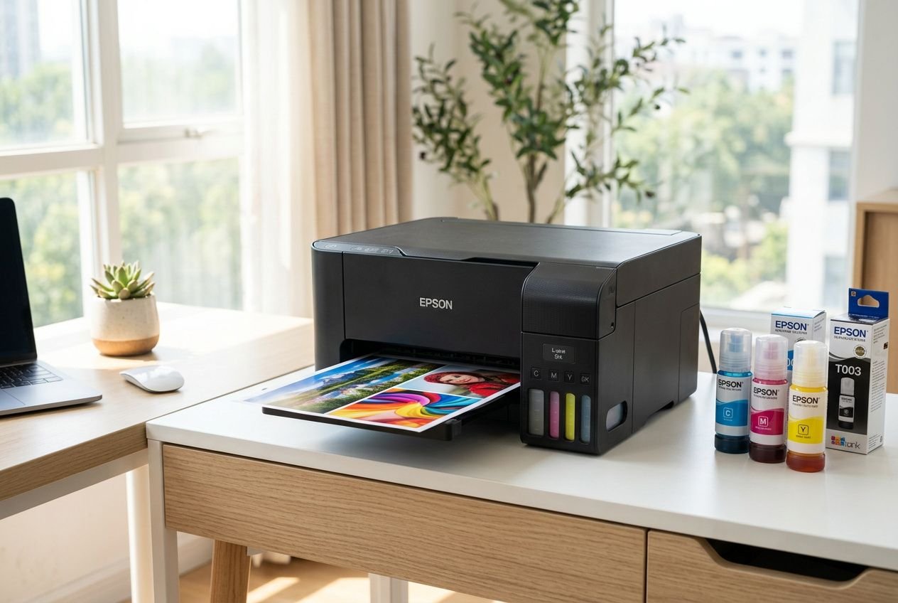 Imprimante Epson sans encre avec encre couleur visible, imprimant une photo depuis un ordinateur sur un bureau lumineux.