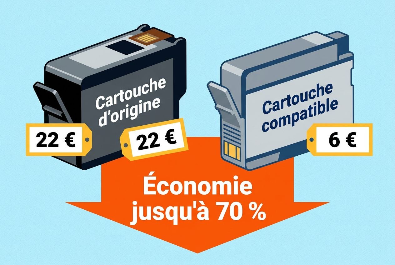 Imprimante montrant coût par cartouche, économie jusqu’à 70 %, avec cartouche d’origine à 22 € et cartouche compatible à 6 €.