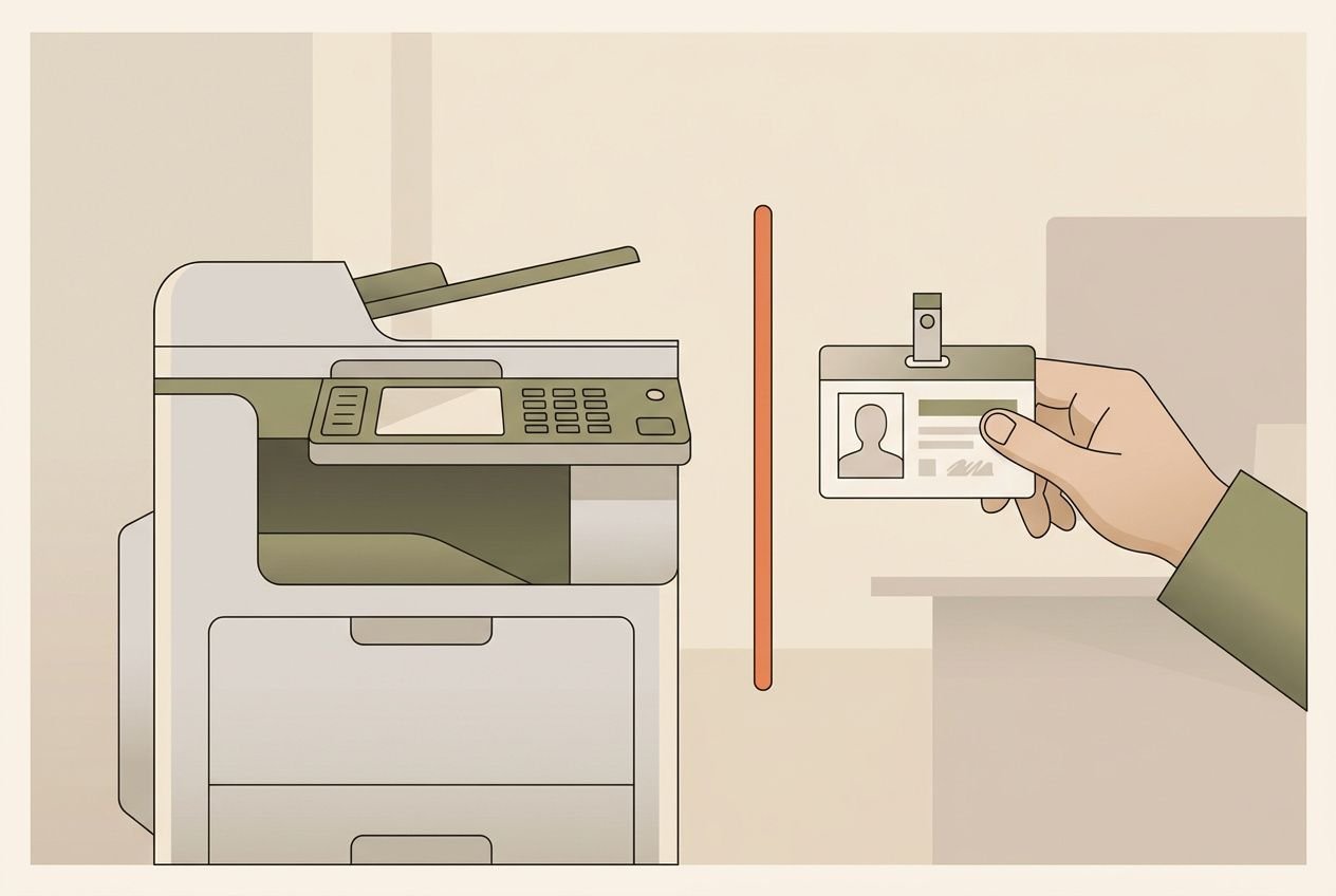 Imprimante multifonction et carte d'identité tenue par une main, séparées par une barrière orange. Alt text intégrant le mot-clé: optimisation coûts impression.