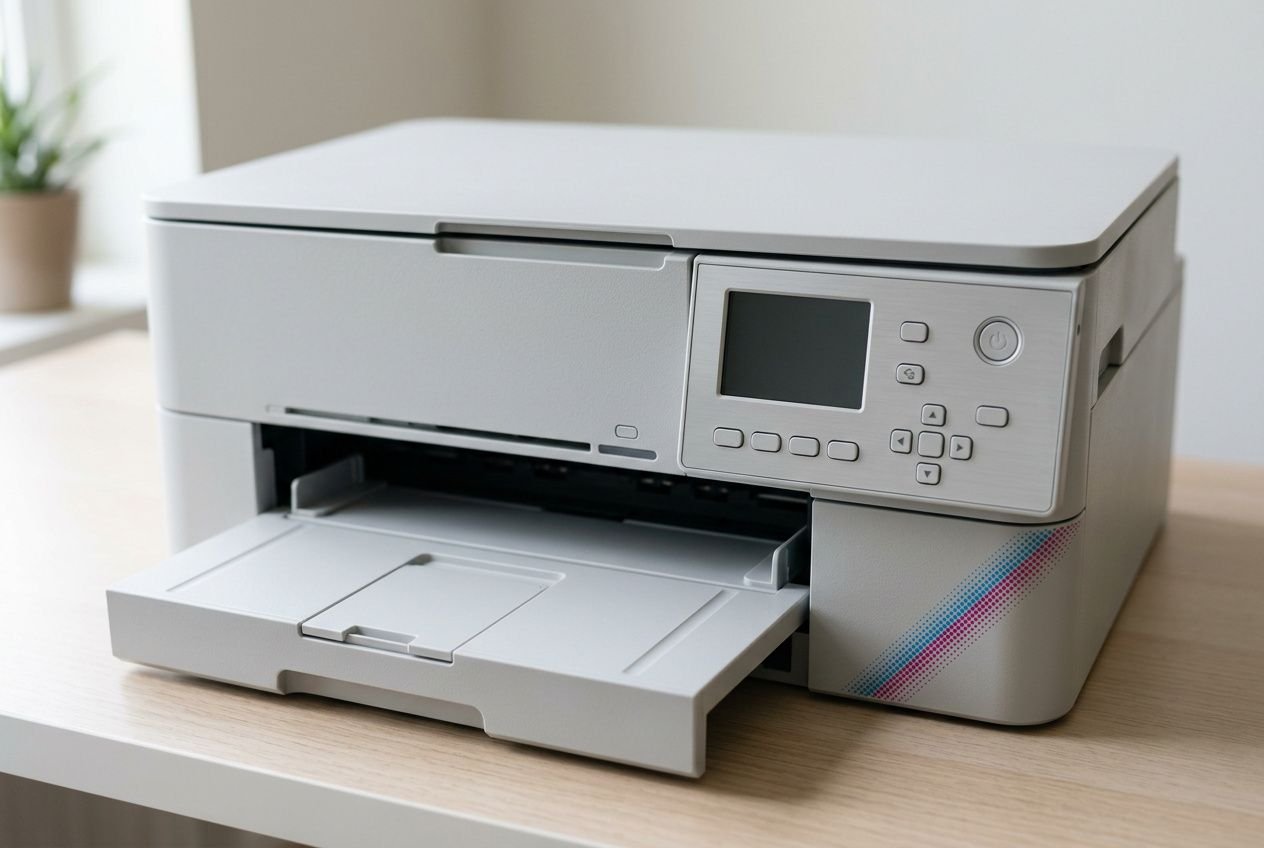Imprimante multifonction gris clair avec tiroir papier ouvert sur un bureau, prête à imprimer. les cartouches d'encre compatibles valent-elles la peine?