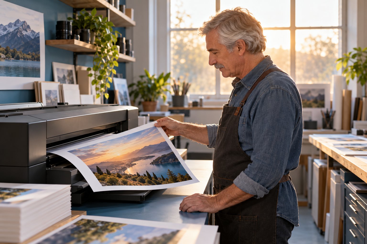 Imprimeur à plat sortant une photo couleur lors d’un travail d’impression dans un atelier.
