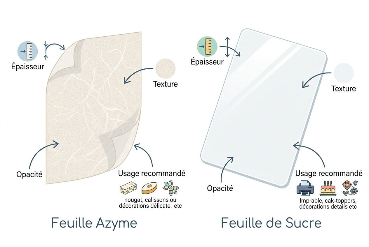 Infographie montrant la Feuille Azyme et la Feuille de Sucre: épaisseur, texture et opacité, utiliser pour décoration gâteau avec usage recommandé. qu'est-ce que le papier comestible imprimable.